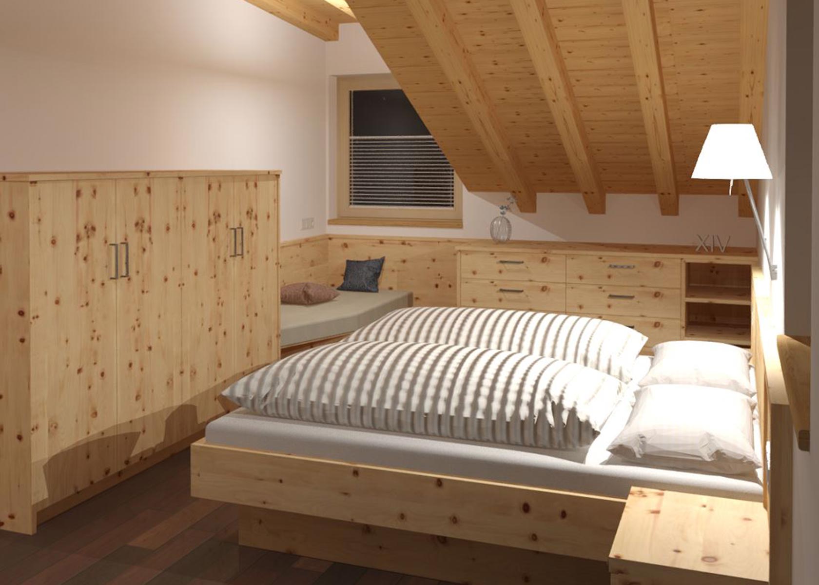 Zirbenschlafzimmer in Zirbe Möbel massiv Raumplanung mit Dachschräge modern